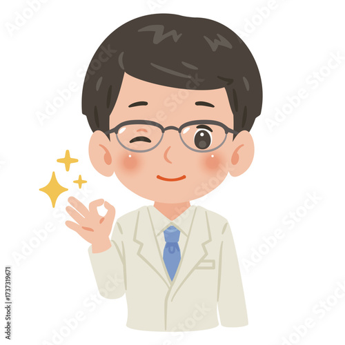 白衣を着たOKサインを出す男性　上半身イラスト／Man wearing a white coat making an OK sign　upper body illustration