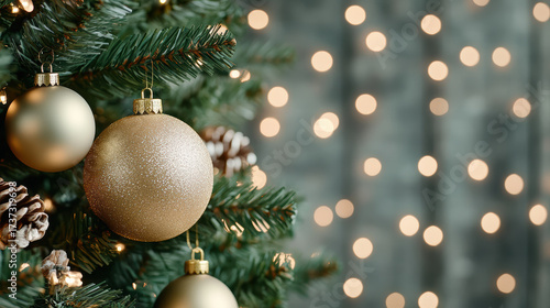 Golden ornaments Christmas tree holiday decorations pine cones blurred lights festive atmosphere