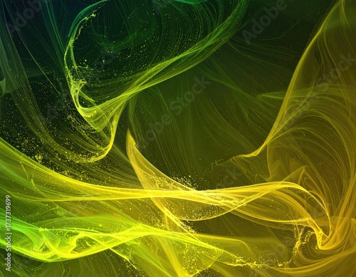 Fluid, smoky lines weave gold and green on a dark background
