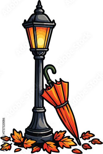 Autumn street lamp glowing with umbrella and falling leaves around
