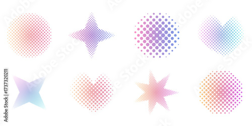 Halftone heart, circle and star set dotted y2k trendy decoration. Gradient retro pixel, grain effect. Pop art style dotted hearts, isolated on white 