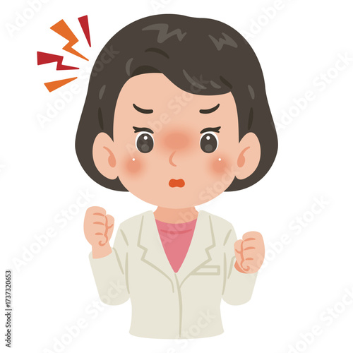 白衣を着た怒る女性　上半身イラスト／Angry woman wearing a white coat　upper body illustration