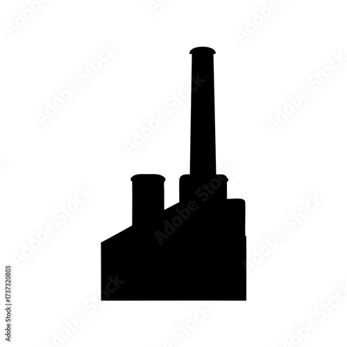 Dramatic silhouette of an industrial building with towering smokestack and smaller chimney