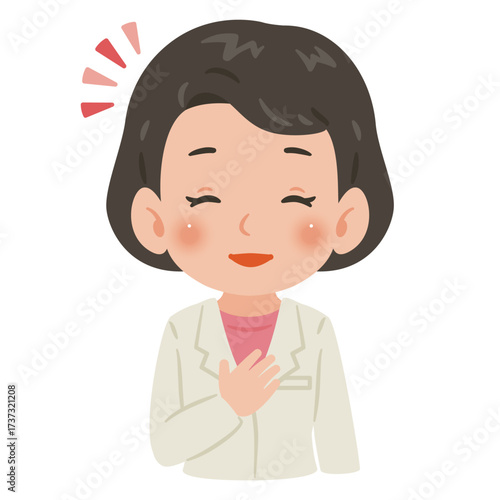 白衣を着た笑顔の女性　上半身イラスト／Smiling woman wearing a white coat　upper body illustration