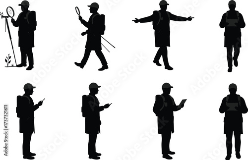 Field researcher silhouettes, outdoor exploration, scientific observation, magnifying glass,
