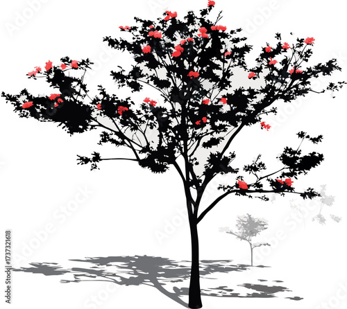 A beautiful illustrated tree with heart shapes and red flowers representing nature and the changing seasons