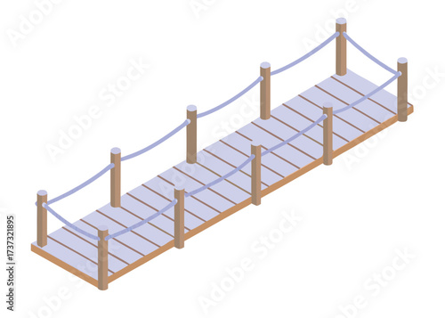 Wooden Bridge Illustration: An illustration depicts a sturdy wooden bridge, elegantly designed with light-colored wooden planks, supported by vertical posts, and adorned with protective rope railings.