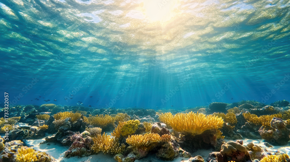 Fototapeta premium Vibrant coral reef underwater with sunlight filtering through water, creating serene atmosphere