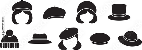 hat silhouette clipart, cap icon vector, headwear illustration set, fashion hat graphics, beret hat silhouette, black white hat clipart, printable headwear icons, clothing accessory symbols, minimal h