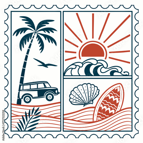 Vector art of a vintageinspired postage stamp design featuring a tropical beach scene with a palm tree, car, sun, waves, shell, and surfboard, creating a nostalgic and summery vibe