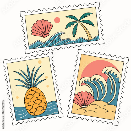 Vector art of a set of charming vintage postage stamps showcasing tropical motifs like seashells, sunsets, palm trees, pineapples, and ocean waves, evoking a sense of wanderlust and summer bliss