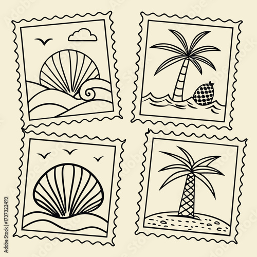 Vector art of a collection of summer vacation themed postage stamps includes a seashell, palm tree, and ocean perfect for travel themes