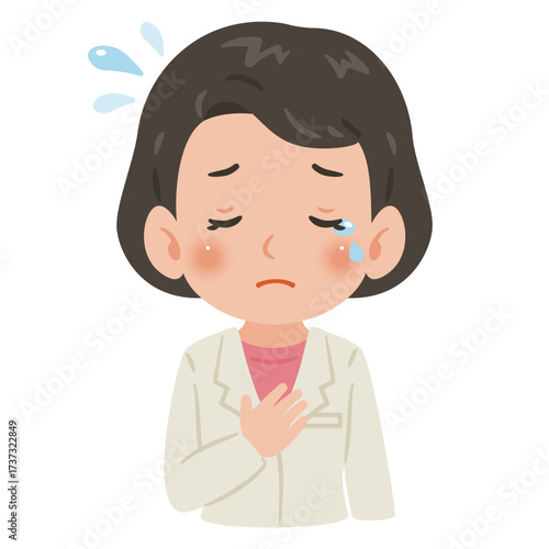 白衣を着た泣く女性　上半身イラスト／Crying woman wearing a white coat　upper body illustration