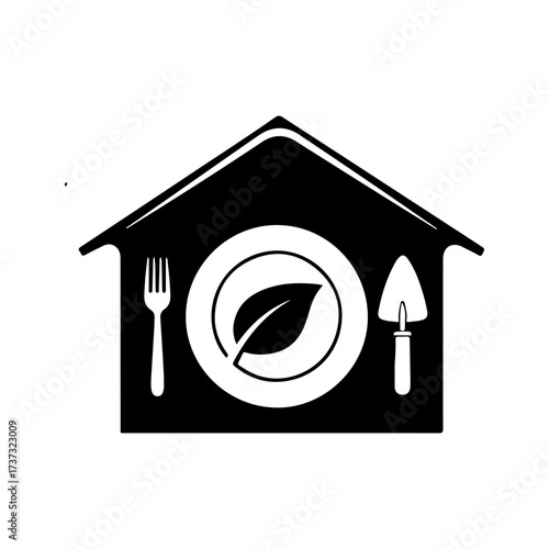 Logo of a house with a plate, fork, and trowel