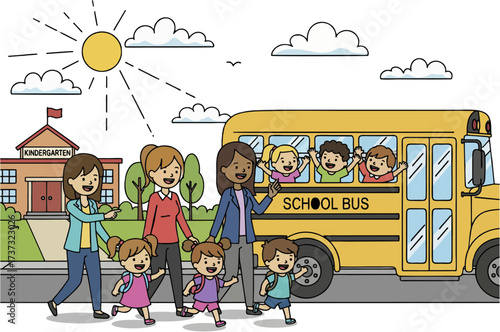 Happy Children Running to School Bus with Teachers and Friends