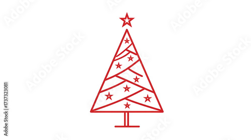 Red Line Art Christmas Tree with Stars on Transparent Background