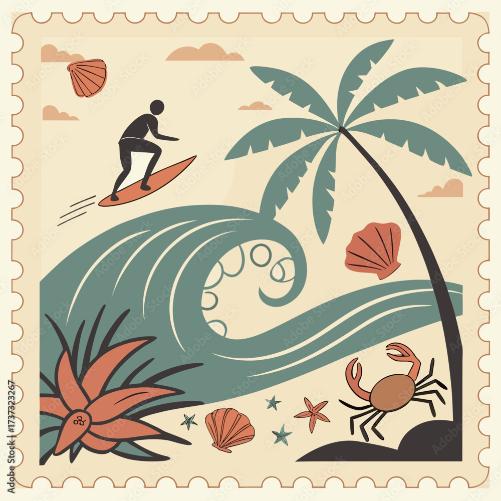 Αυτοκόλλητο Vector art of vintage summer surfing stamp design featuring surfer riding wave,