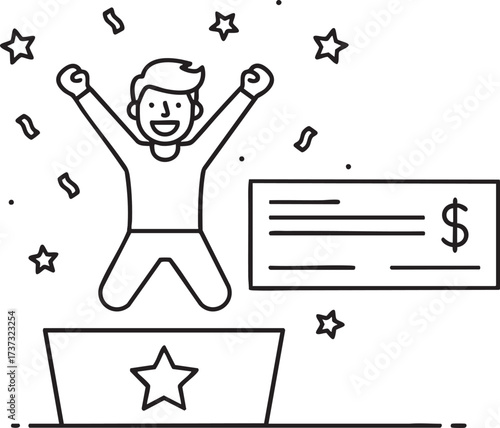 Excited man jumps for joy after winning prize money, celebrating with confetti and stars, feeling victorious and lucky.
