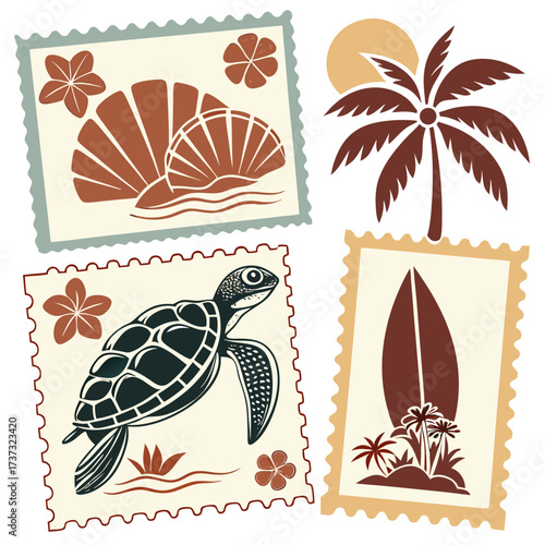 Vector art of tropical paradise postage stamps a vintageinspired collection featuring seashells, sea turtles, surfboards, and palm trees, evoking a sense of summer vacation