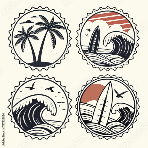Vector art of set of summer stamps featuring tropical island with palm trees, wave and surfboard retro vacation and travel vector illustration