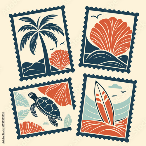 Vector art of set of summer stamps featuring tropical island with palm tree, seashell, turtle and surfboard retro vacation and travel vector illustration