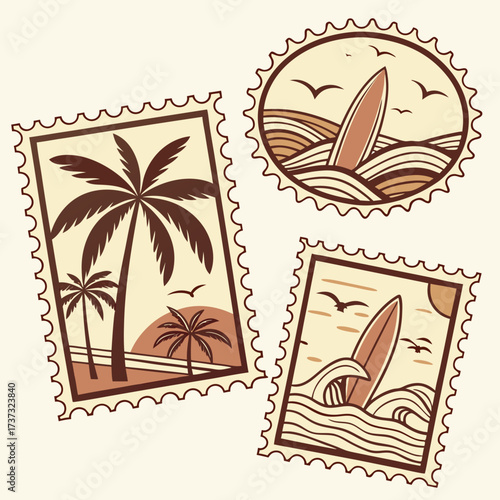 Vector art of a collection of three vintagestyle postage stamps featuring tropical beach scenes with palm trees, surfboards, and ocean waves, evoking a sense of summer vacation and travel destinations