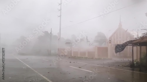 Hurricane-force winds blowing strongly at a church located next to the road.
