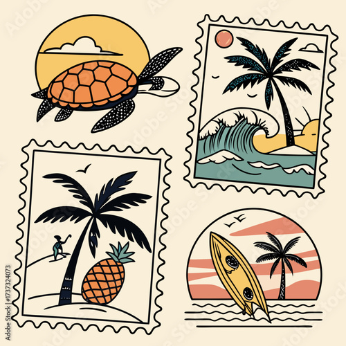 Vector art of a set of vintageinspired postage stamps showcasing tropical island scenes, featuring sea turtles swimming in the ocean, palm trees on the beach, and surfboards waiting for the next wave