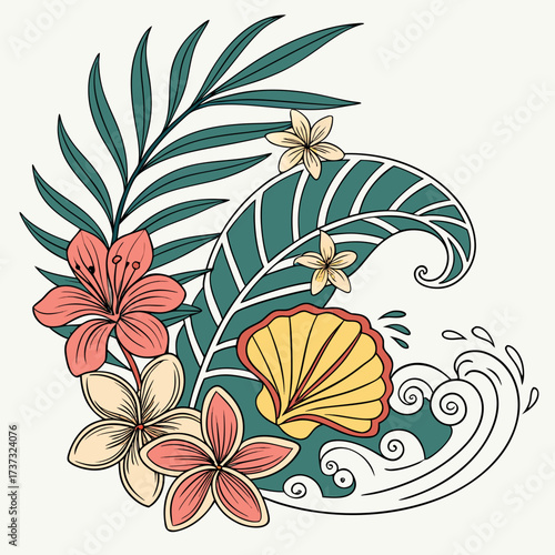 Vector art of exotic tropical arrangement illustration featuring hibiscus and plumeria flowers, palm and monstera leaves, a seashell, and ocean waves, creating a vibrant and summery design