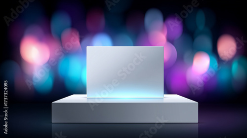 a blank white card against a background of multi-colored framed lights
