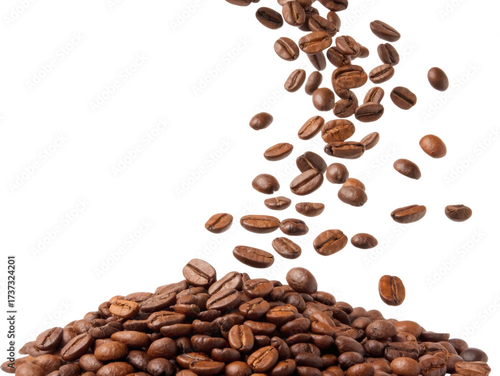 Naklejka premium Freshly roasted coffee beans cascade down onto mound, creating inviting and aromatic scene perfect for coffee lovers