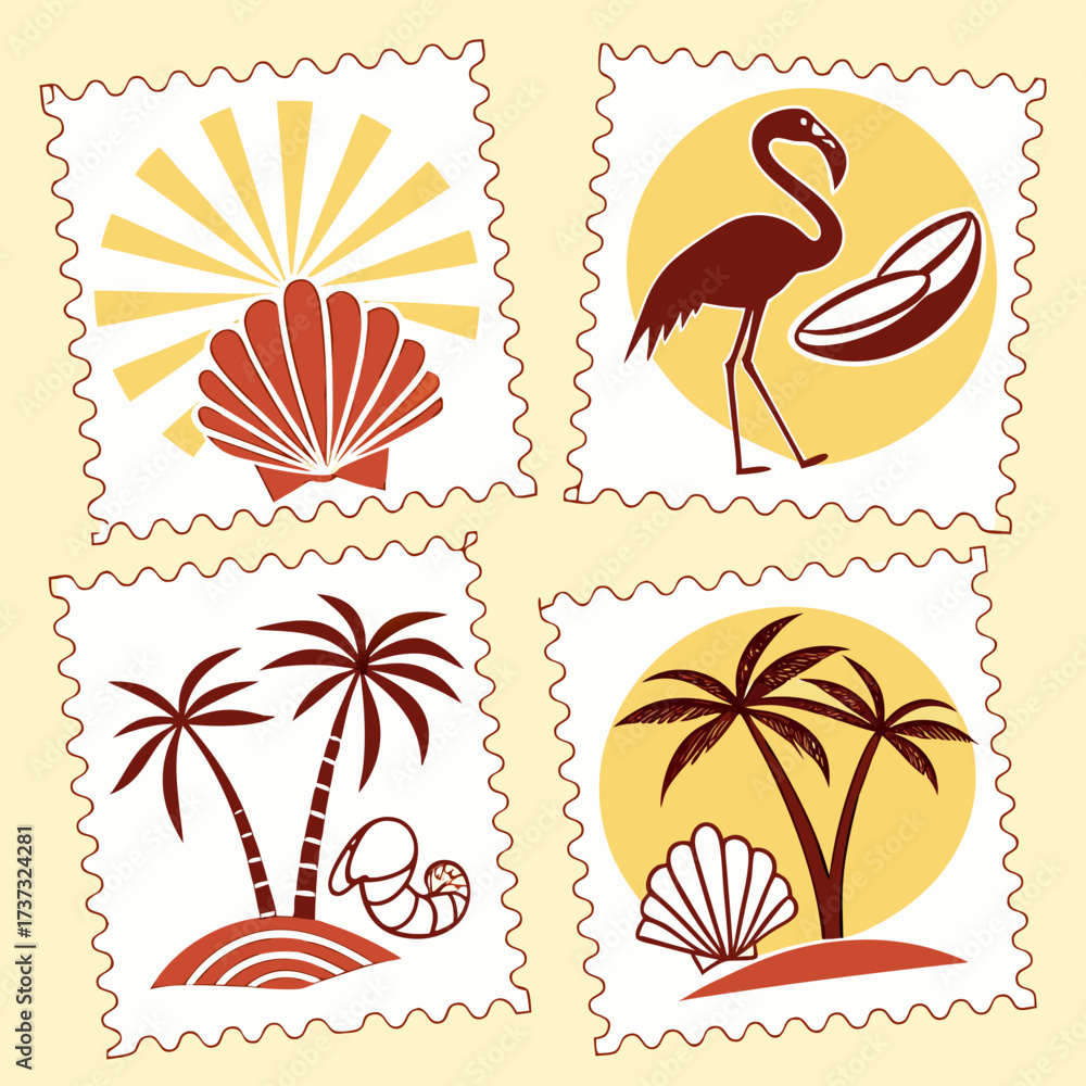 Naklejka premium Vector art of tropical paradise stamp collection featuring sun, palm tree, flamingo, leaves, and sea shell in a vintage style, perfect for summer and vacation themes