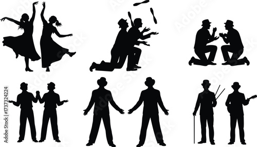 Human silhouettes, dance performance, juggling act, musical collaboration, expressive poses, storytelling, body language, performance art, cultural activity, illustration