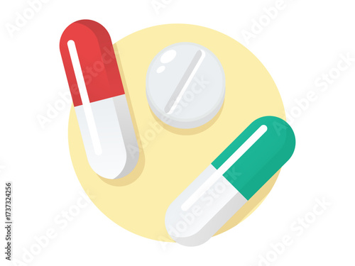 Colorful pills and capsules illustration for pharmacy and medication contexts
