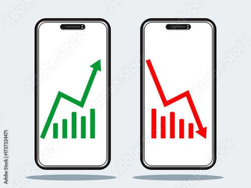 Smartphone Screen with Green Up and Red Down Bar Chart for Stock Market Analysis
