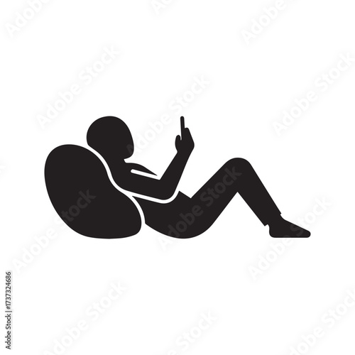 “Person relaxing while using a smartphone icon. Man lying down on a couch or bed, browsing the internet. Leisure and technology symbol.”
