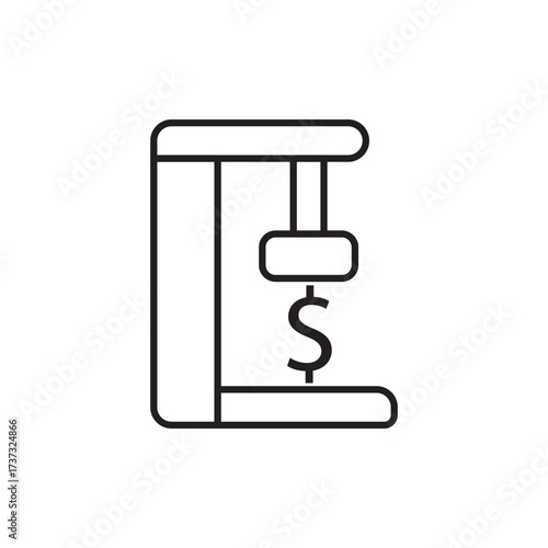 Editable stroke line icon of a press machine with a dollar sign, symbolizing financial pressure, cost management, or economic strain. Perfect for apps, websites, and infographics on budgeting or debt.