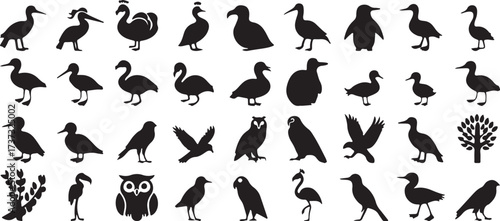 bird silhouette clipart, duck illustration set, flying bird vector, wildlife bird graphics, avian silhouette collection, black white bird clipart, printable bird icons, nature bird design, bird outlin