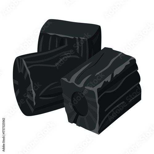 Black charcoal briquettes for barbecue grill isolated on white background