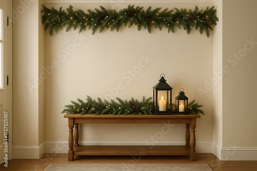 Festive Hallway Elegance with pine garland wooden table lantern candle cozy warm inviting holiday