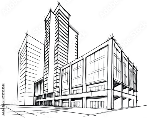 An architectural sketch of a building design showing the exterior facade and plan for an urban construction project