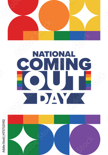 National Coming Out Day. Happy holiday. Pride month. LGBT rainbow flag. Diversity and equality. Gay and lesbian. Free love, heart shape. Illustration. Vector poster
