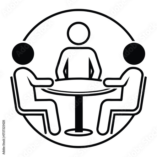 Diverse group of people sitting around a circular table discussing ideas business meeting