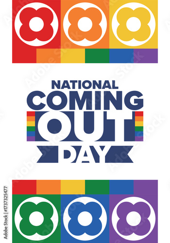 National Coming Out Day. Happy holiday. Pride month. LGBT rainbow flag. Diversity and equality. Gay and lesbian. Free love, heart shape. Illustration. Vector poster