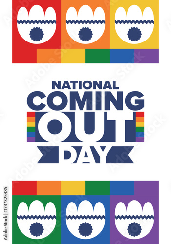 National Coming Out Day. Happy holiday. Pride month. LGBT rainbow flag. Diversity and equality. Gay and lesbian. Free love, heart shape. Illustration. Vector poster