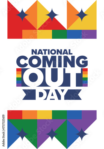 National Coming Out Day. Happy holiday. Pride month. LGBT rainbow flag. Diversity and equality. Gay and lesbian. Free love, heart shape. Illustration. Vector poster