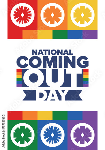 National Coming Out Day. Happy holiday. Pride month. LGBT rainbow flag. Diversity and equality. Gay and lesbian. Free love, heart shape. Illustration. Vector poster