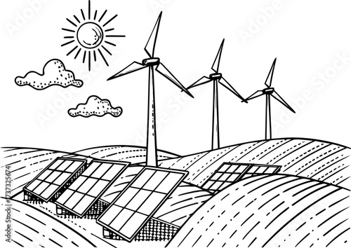 Green renewable wind turbine power farm generating electricity against a blue sky background in a natural landscape