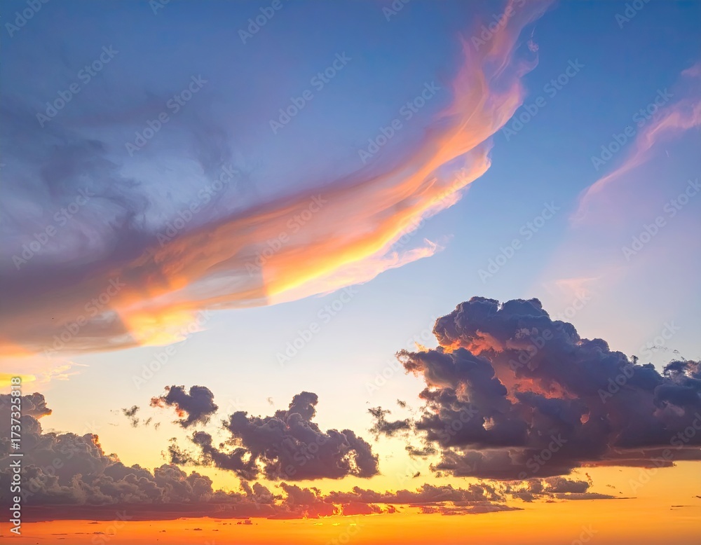 Fototapeta premium Golden hour sky clouds bathed in warm sunset light