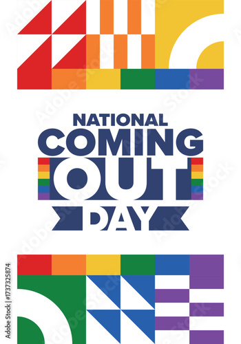 National Coming Out Day. Happy holiday. Pride month. LGBT rainbow flag. Diversity and equality. Gay and lesbian. Free love, heart shape. Illustration. Vector poster